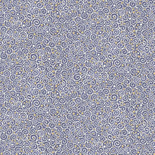 Patterned fabric with swirls and stars on a blue quilting cotton