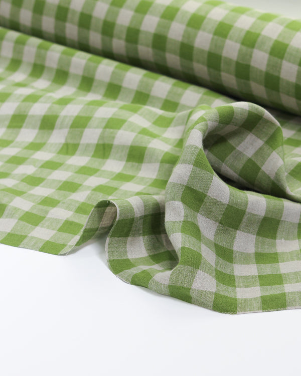 Laundered Linen Gingham Fabric - Pea Green