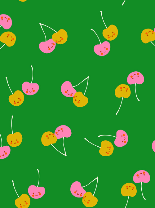 Quilting cotton with pink and yellow cherries with smiling faces printed on a green background 
