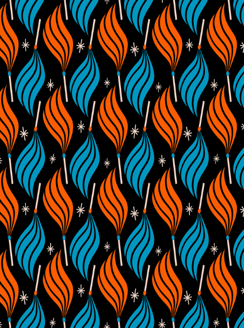 Illustrated lit matches in blue and orange on a black quilting weight cotton fabric 