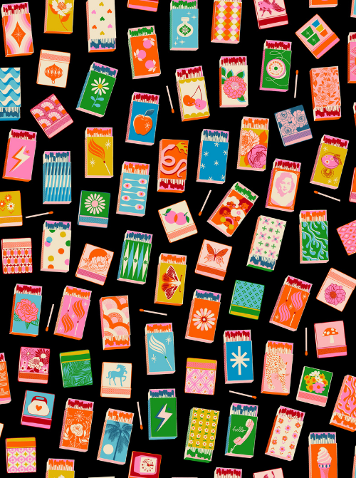 A patchwork cotton with illustrated matchbooks in bright blues, greens, oranges, and yellow on a black background
