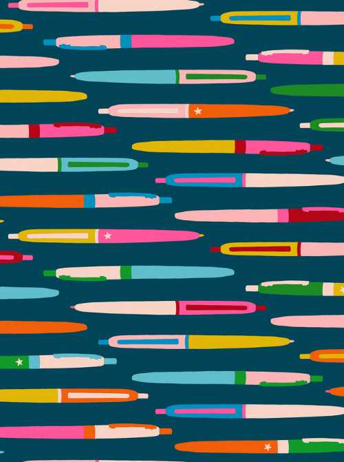 Quilting weight cotton featuring multi coloured pens on a mid blue background
