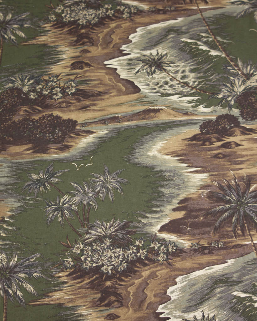 Linen viscose fabric pattern with a tropical landscape featuring palm trees and water.