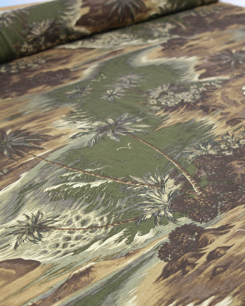 Camouflage-patterned linen viscose fabric with palm tree design