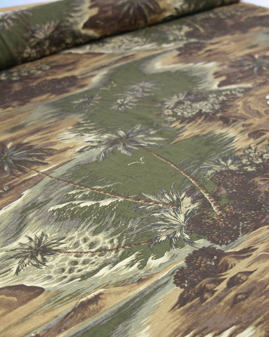 Camouflage-patterned linen viscose fabric with palm tree design
