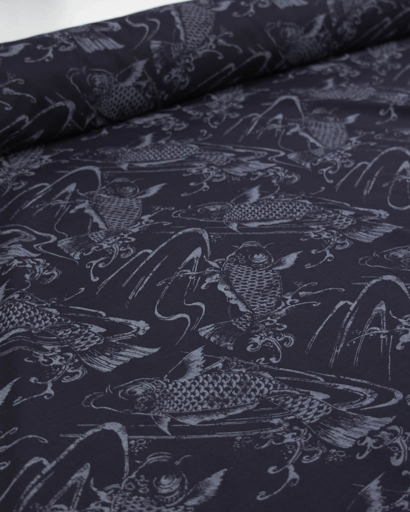 Navy blue linen and cotton fabric with white koi fish and nature pattern