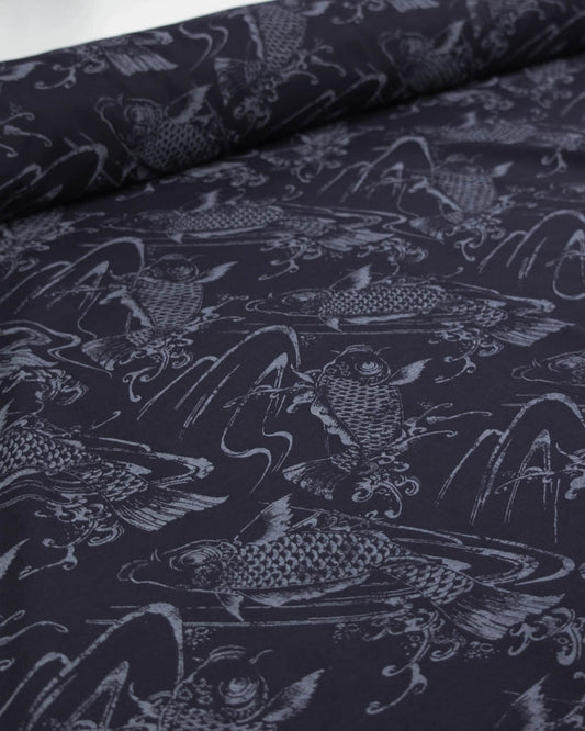 Navy blue linen and cotton fabric with white koi fish and nature pattern