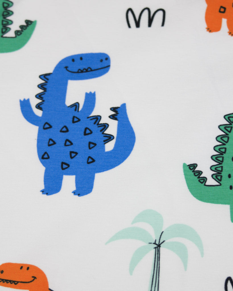 Pattern of colorful dinosaurs and palm trees on a white background, on cotton jersey fabric 