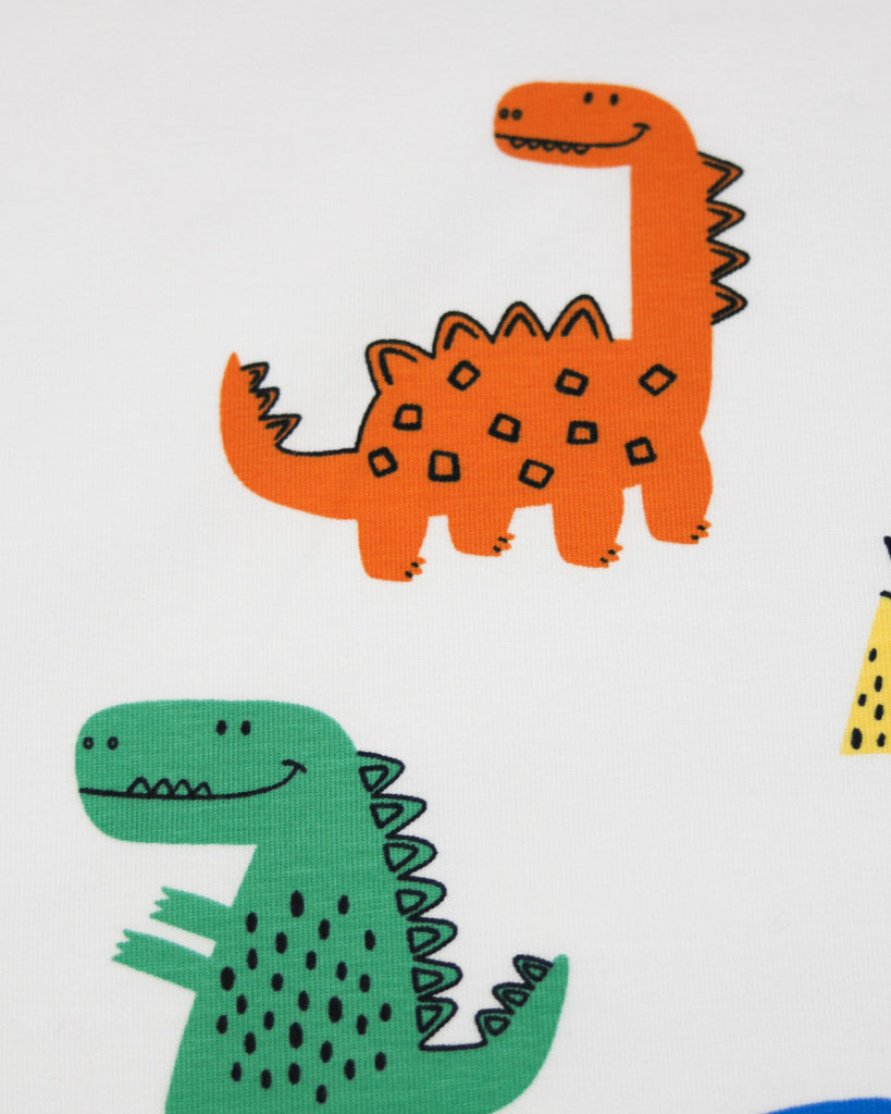 Illustrations of a green dinosaur and an orange dinosaur on a light gray background on cotton jersey fabric