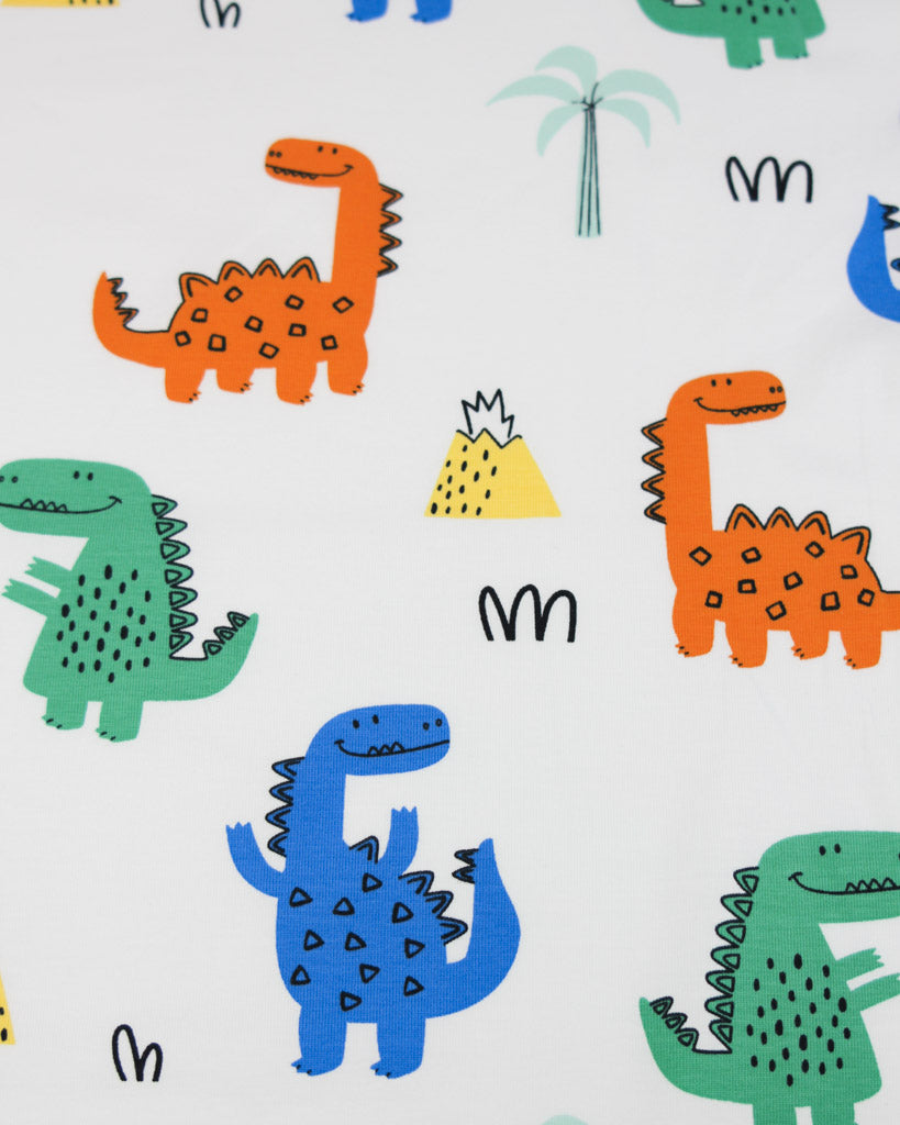 Pattern of colorful cute dinosaurs on a white background on cotton jersey fabric