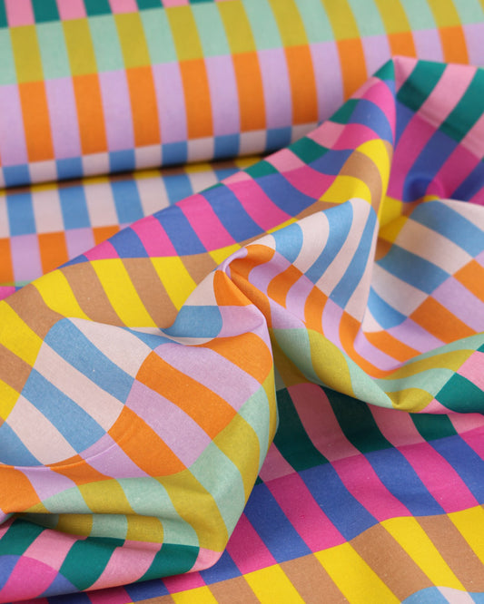 Colourful striped cotton fabric with a checkered pattern