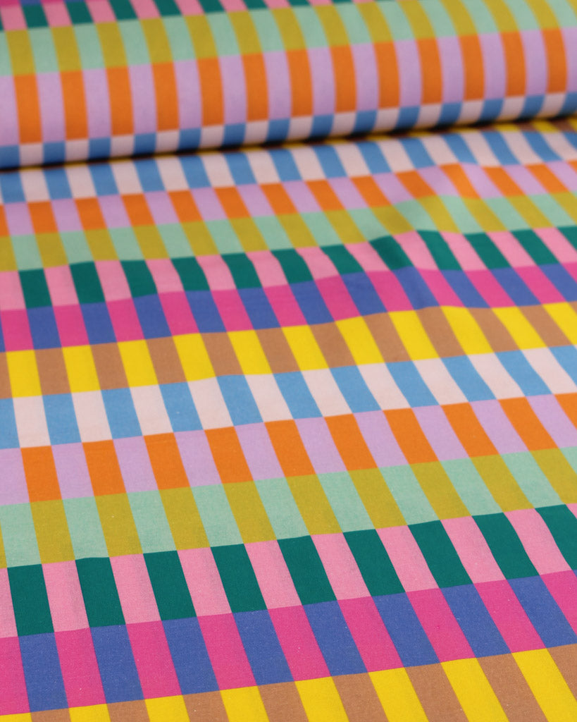 Colourful striped cotton fabric with a multicolour pattern