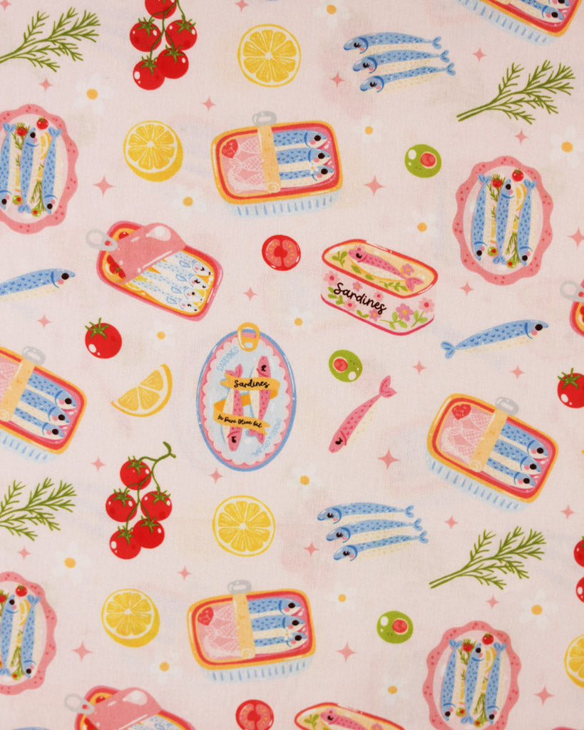 Patterned cotton fabric with illustrations of food items on a white background