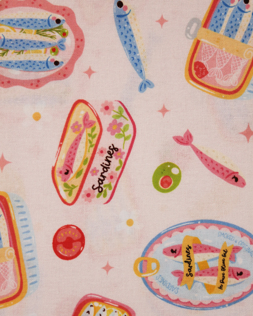 Pattern of sardine cans and sardines on a white background cotton fabric