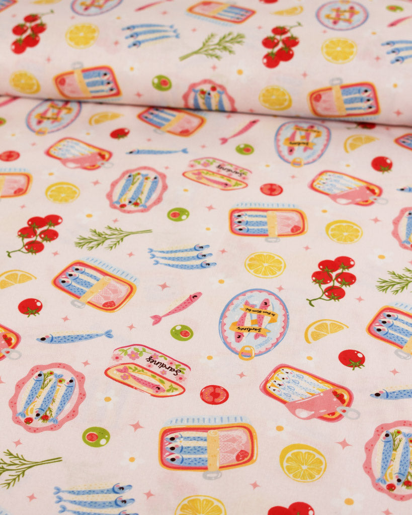 Colourful cotton fabric pattern with cartoon-like illustrations on a white background