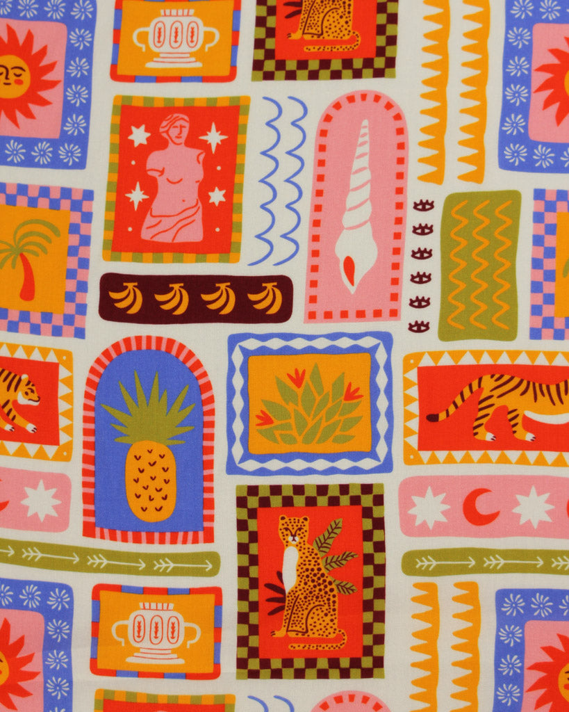Colourful viscose fabric with a tile pattern featuring illustrations of tigers, seashells, suns, palm trees, fruit, pineapples, bananas and tropical imagery