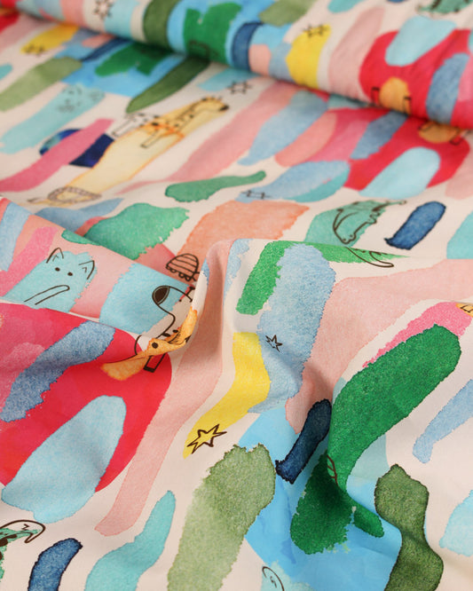 Colourful cotton lawn fabric with cartoon-like animal illustrations