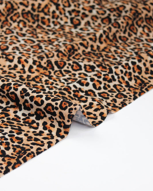Leopard print cotton jersey fabric on a white background