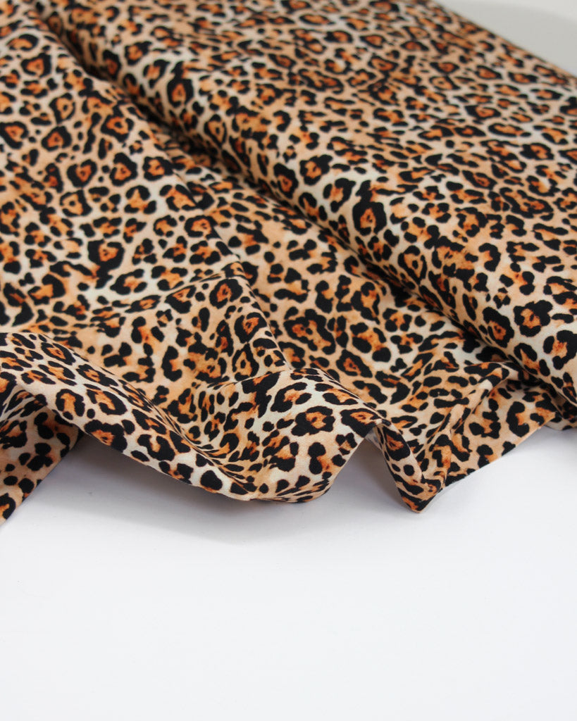 Leopard print cotton jersey fabric on a white background