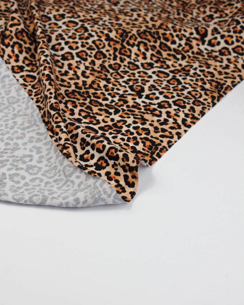Leopard print cotton jersey fabric on a white background