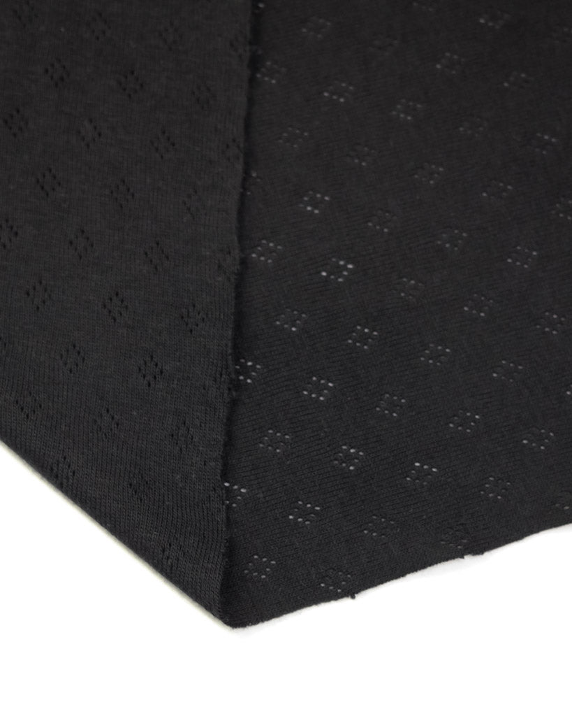 Black fabric pointelle jersey fabric with small diamond hole patterns