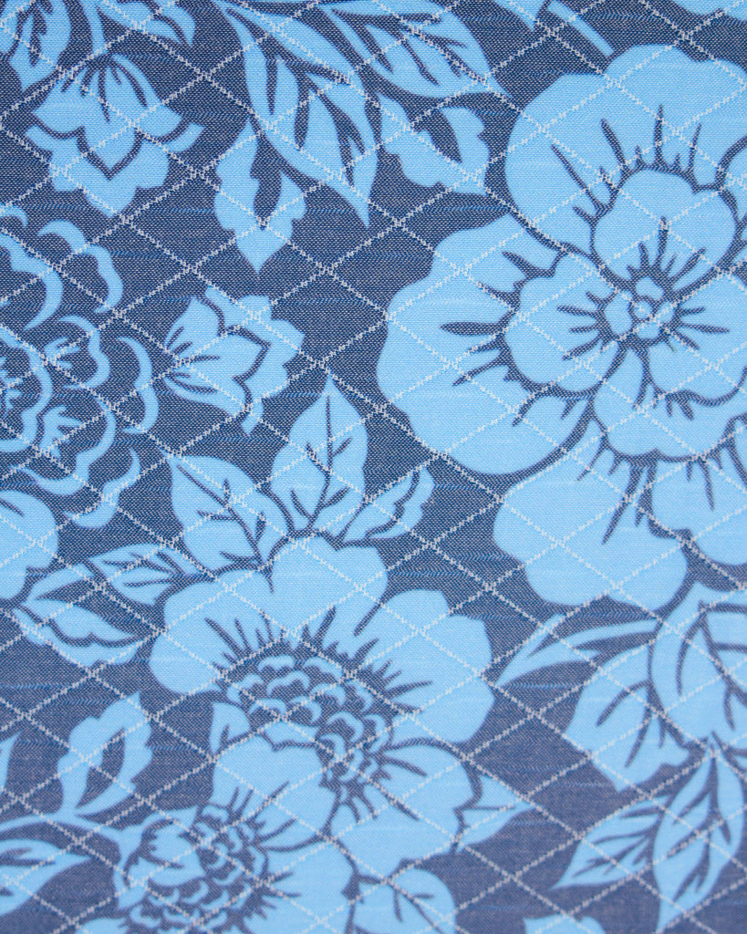 Close-up of blue floral pattern on quilted fabric