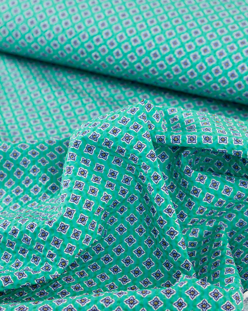 Posy Cotton Seersucker Fabric - Jade Petal