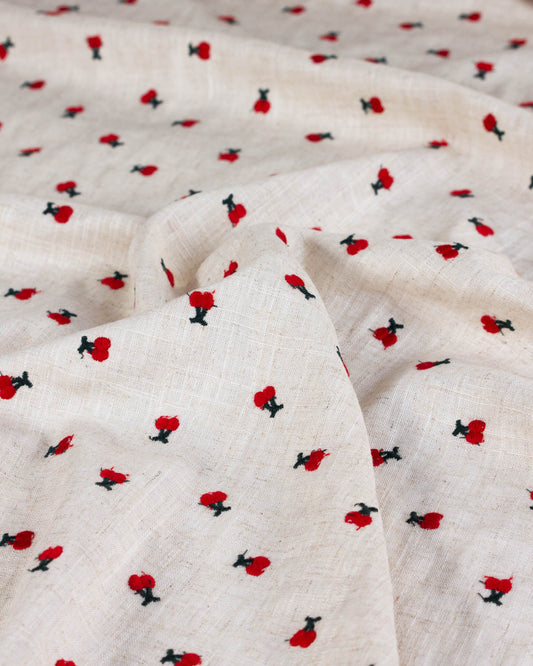 Viscose Linen Embroidered Fabric - Cherry