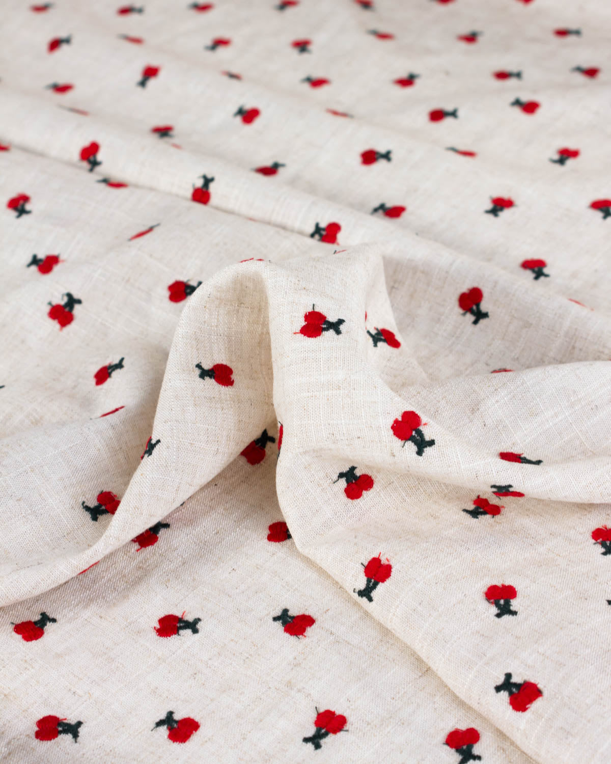 Viscose Linen Embroidered Fabric - Cherry