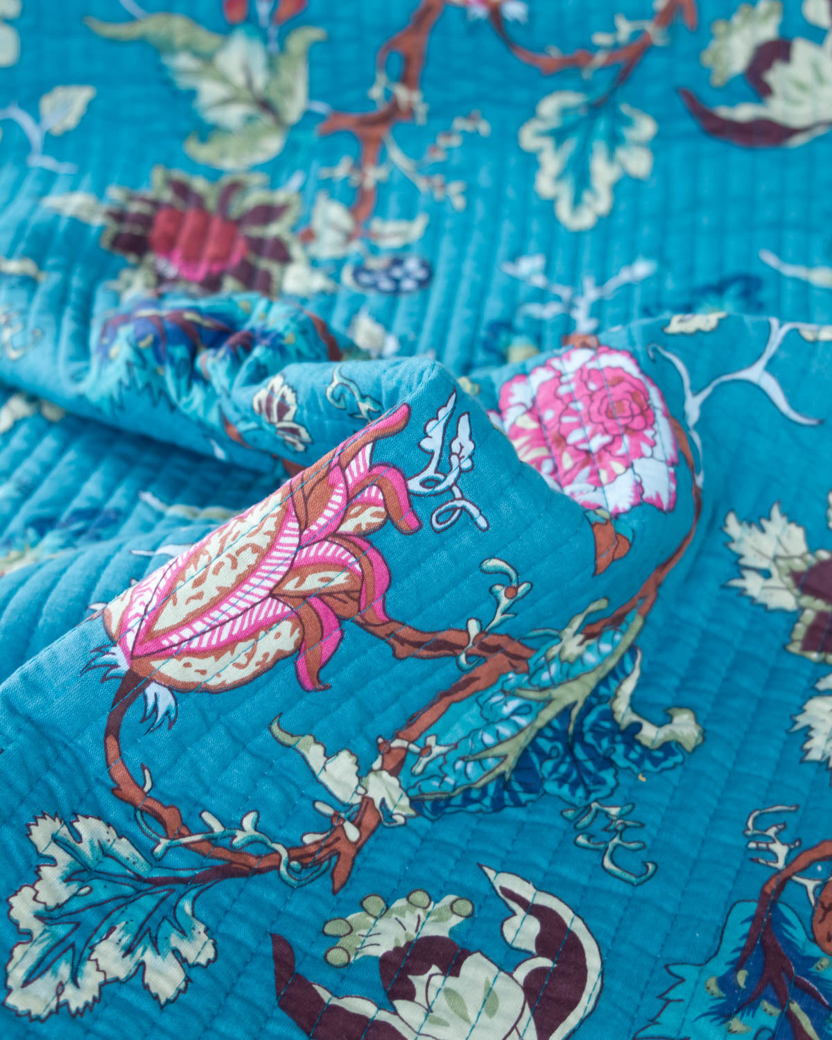 Reversible Quilted Cotton Fabric – Jaipur Bloom Teal