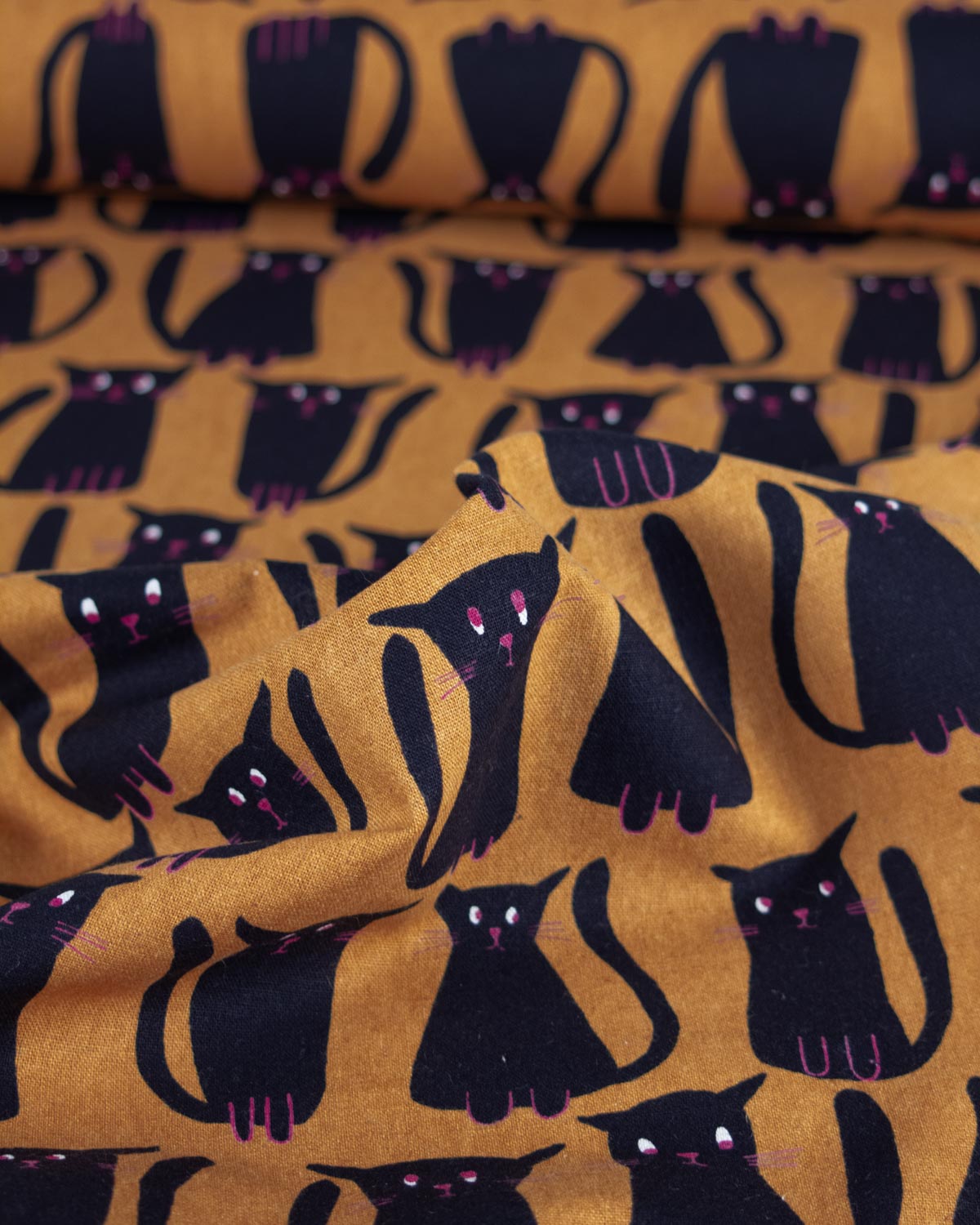 Japanese Linen Look Cotton Fabric - Black Cats