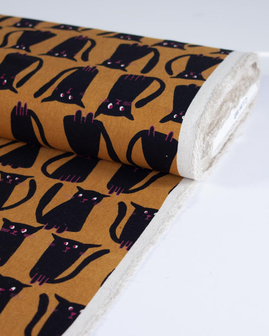 Japanese Linen Look Cotton Fabric - Black Cats