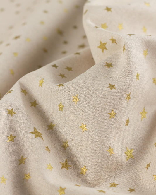 Natural Linen & Cotton Blend Fabric - Golden Stars
