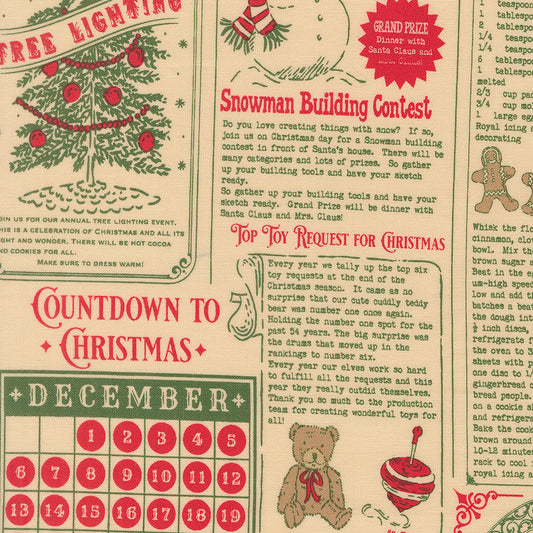 Vintage-style Christmas-themed quilting cotton with countdown calendar, tree, and snowman building contest text.