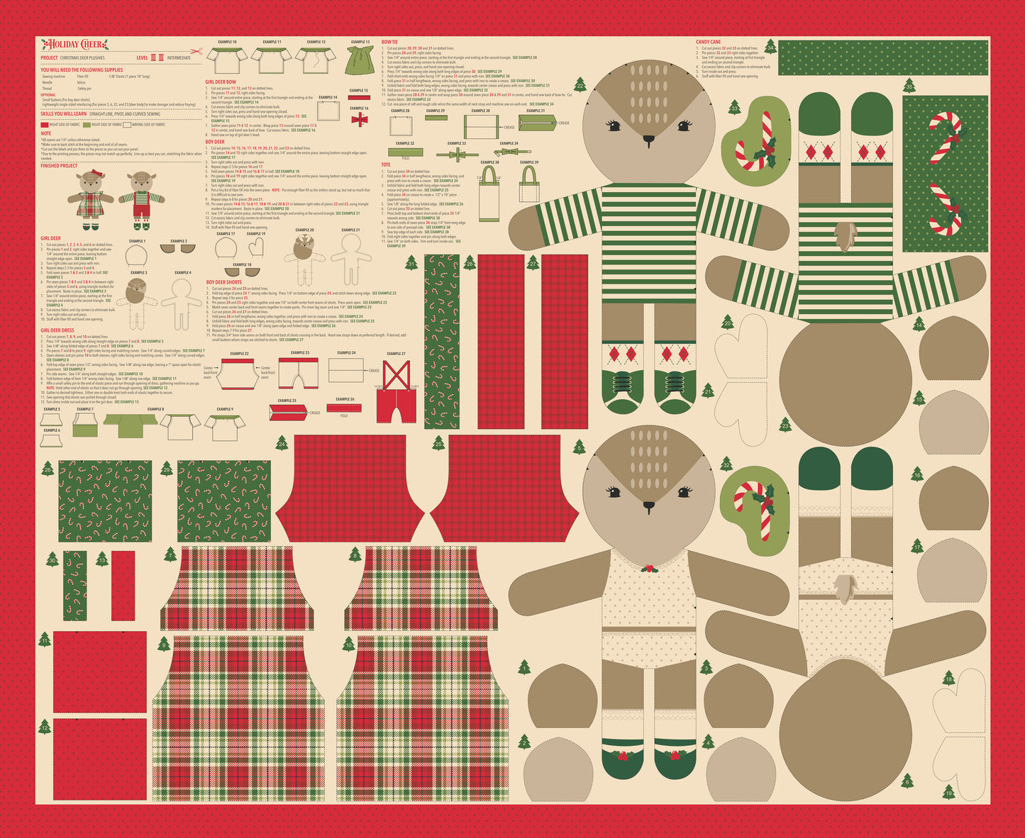 Panel with cut-out shapes of a teddy bear reindeer and festive items on a red border.