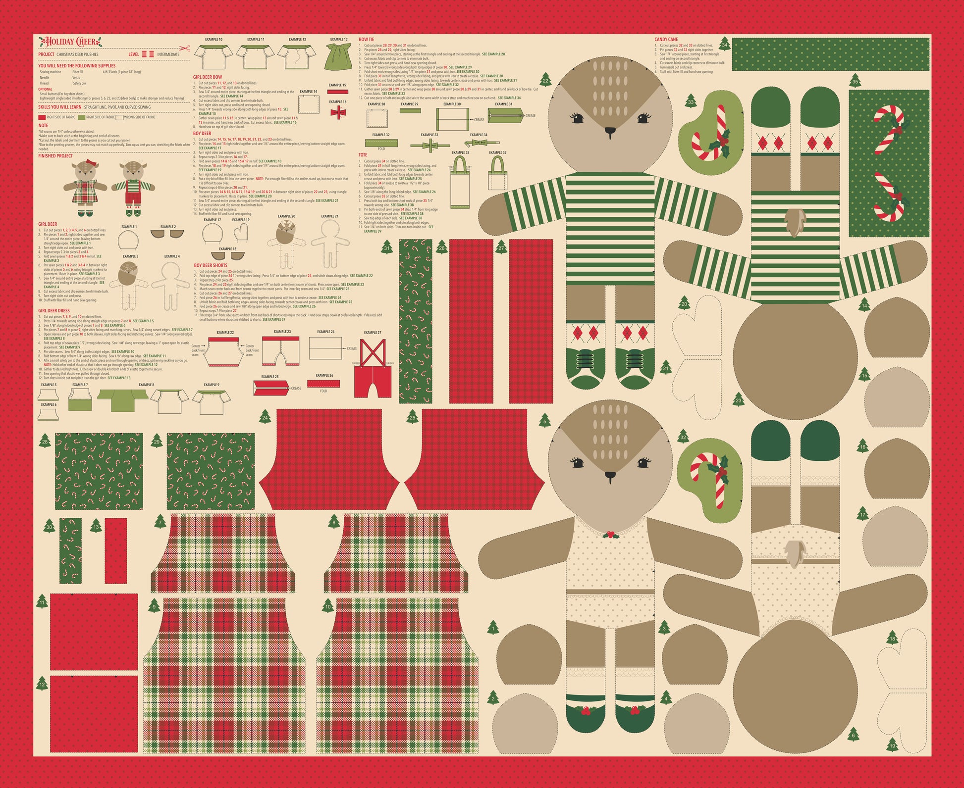Panel with cut-out shapes of a teddy bear reindeer and festive items on a red border.