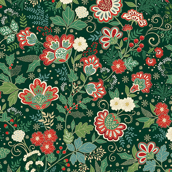 Decorative pattern of red, green, and white Christmas flowers and leaves on a dark green quilting cotton