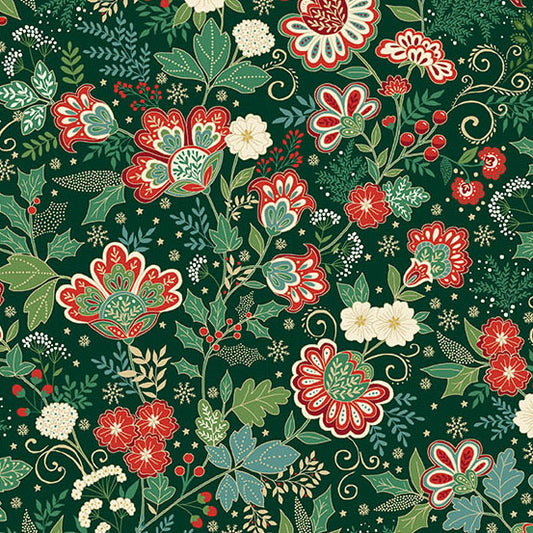 Decorative pattern of red, green, and white Christmas flowers and leaves on a dark green quilting cotton