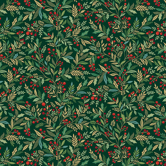 Pattern of green holly leaves and red berries on a dark green quilting cotton