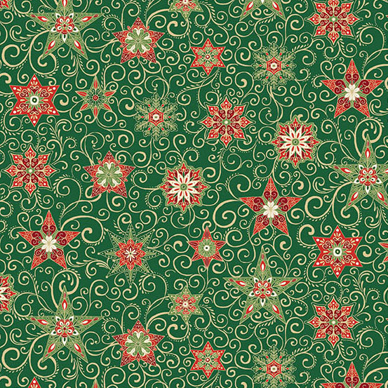 A repeating festive star pattern featuring red and cream snowflake and starburst motifs over a dark green background with swirling vine details on a quilting cotton