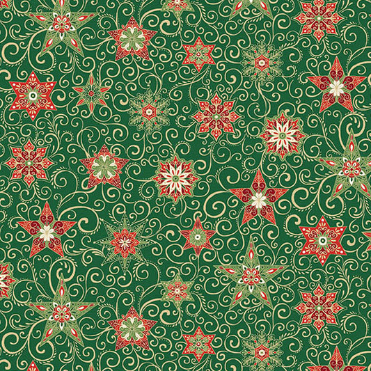 A repeating festive star pattern featuring red and cream snowflake and starburst motifs over a dark green background with swirling vine details on a quilting cotton