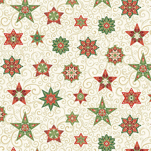 Pattern of red and green stars on a cream quilting cotton