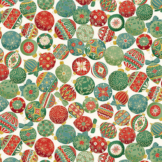 Pattern of colourful Christmas ornaments on cream quilting cotton