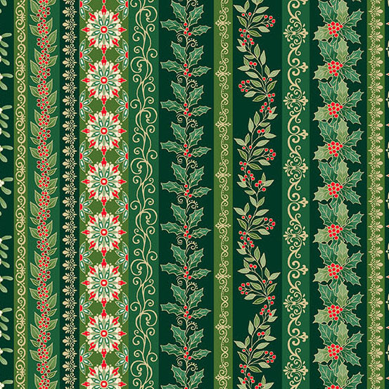 Decorative stripe with holly leaves and berries on a green quilting cotton