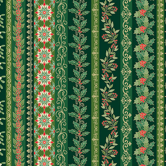 Decorative stripe with holly leaves and berries on a green quilting cotton