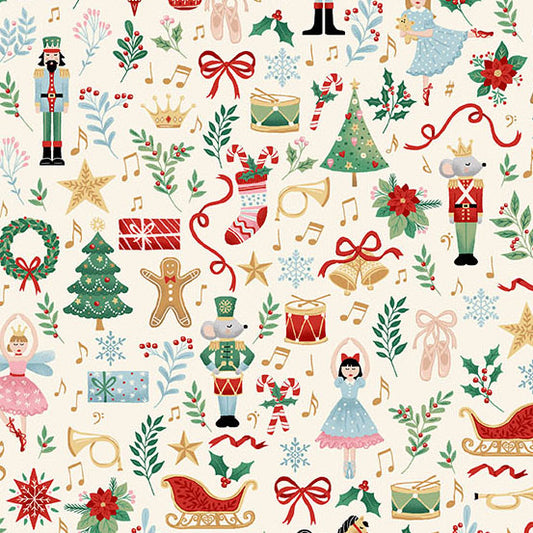 Christmas-themed quilting cotton with characters from The Nutcracker