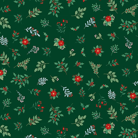 Christmas-themed pattern with festive foliage on a green background