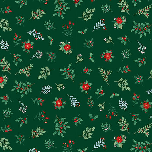 Christmas-themed pattern with festive foliage on a green background