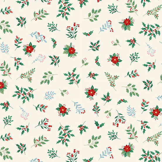 Green and red festive foliage pattern on a cream quilting cotton