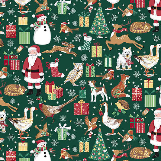 Christmas-themed pattern with Santa Claus, reindeer, dogs, and other festive elements on a green quilting cotton.